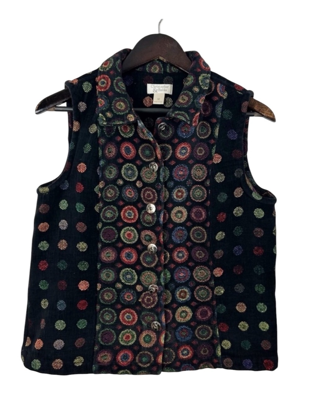 Christopher & Banks Black Multicolor Polka Dot Button-Front Vest Size Medium